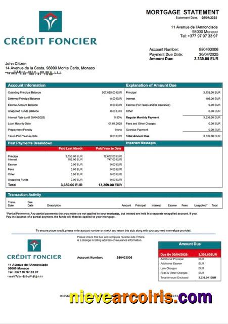 Monaco Credit Foncier de Monaco mortgage statement Word and PDF template